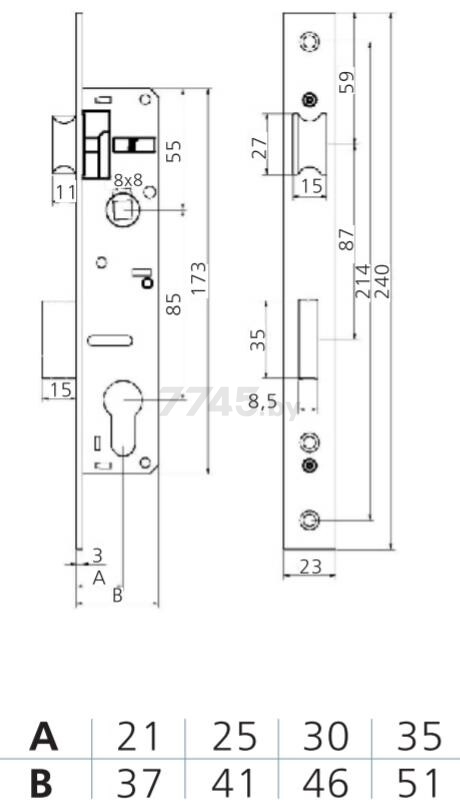 Замок врезной цилиндровый ARNI 7500-25 MN511-25 - Фото 2